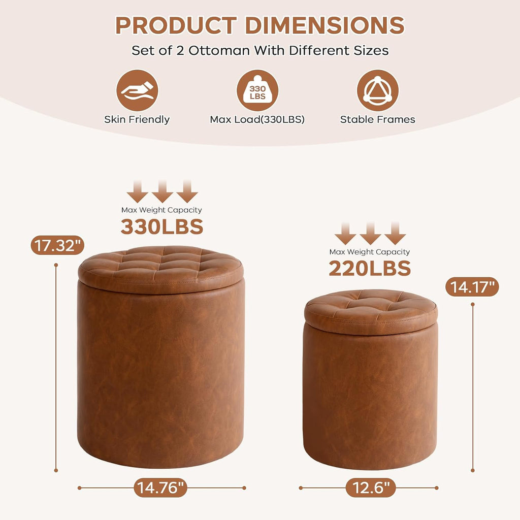 Faux Leather Round Storage Ottoman Set of 2