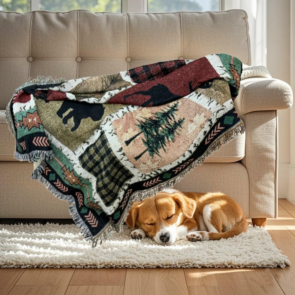 Geometric Moose Bear Woven Tapestry Throw
