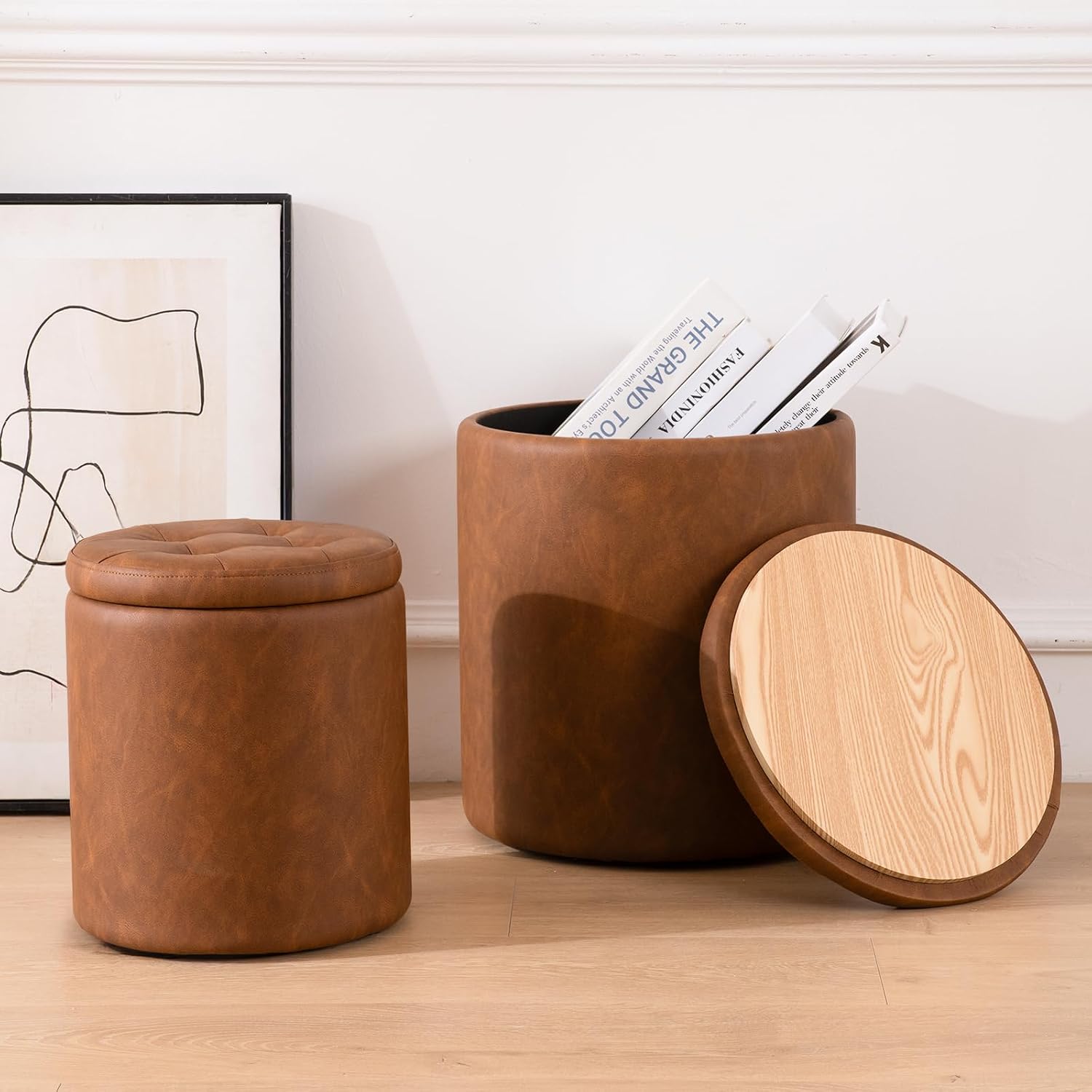Faux Leather Round Storage Ottoman Set of 2