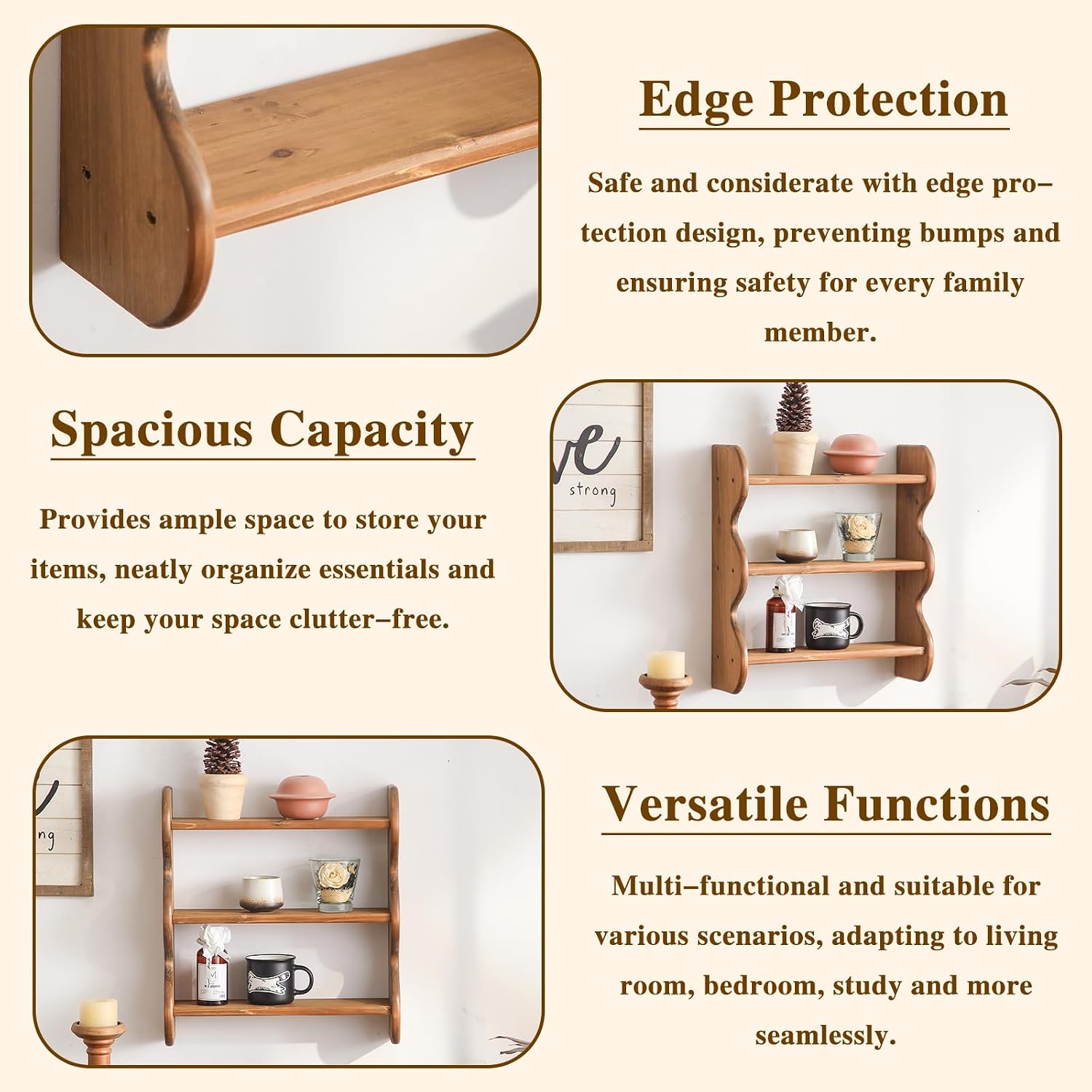 Solid Wood 3-Tier Wall Shelf
