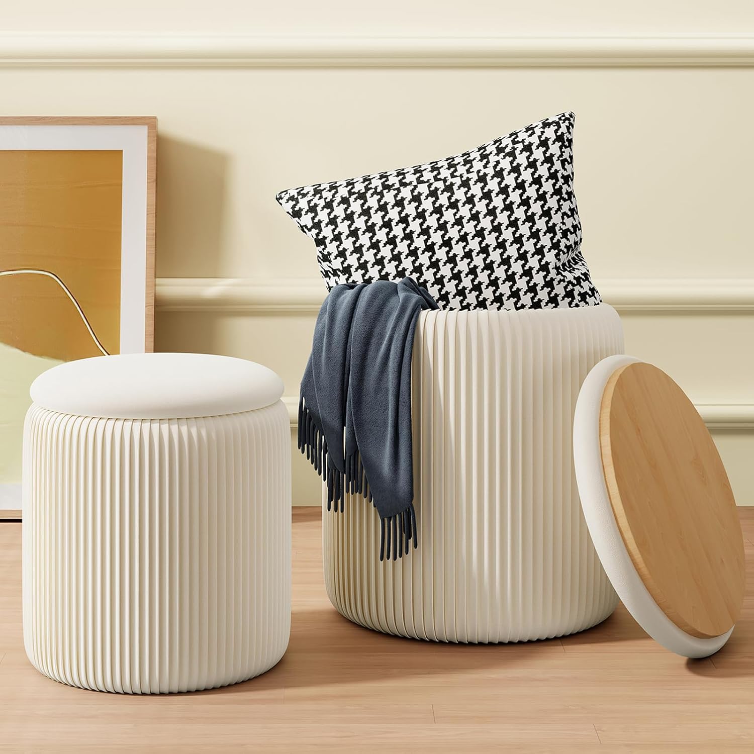 Velvet Round Storage Ottoman Set of 2