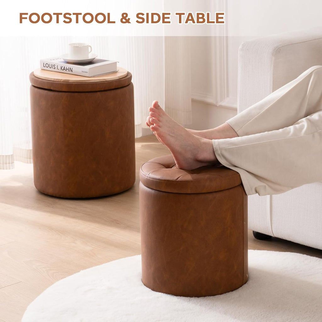 Faux Leather Round Storage Ottoman Set of 2
