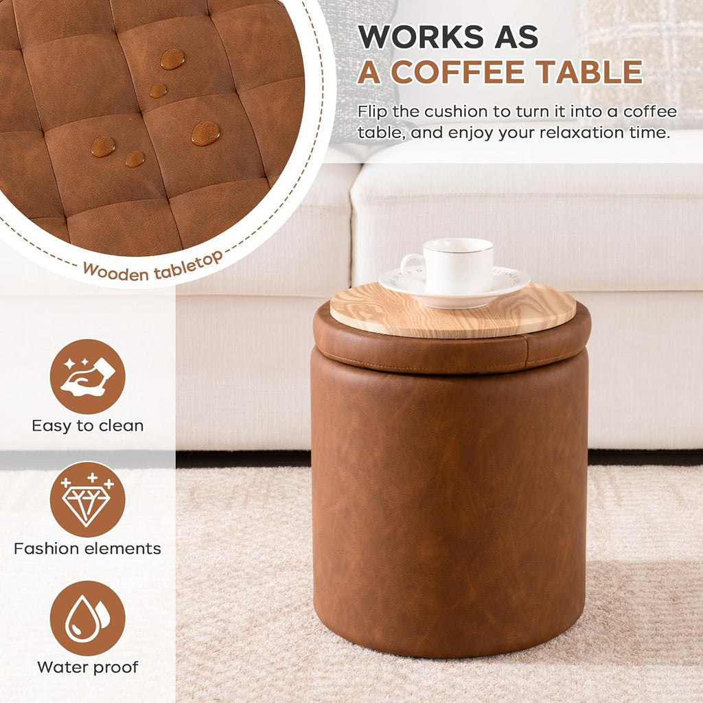 Faux Leather Round Storage Ottoman Set of 2