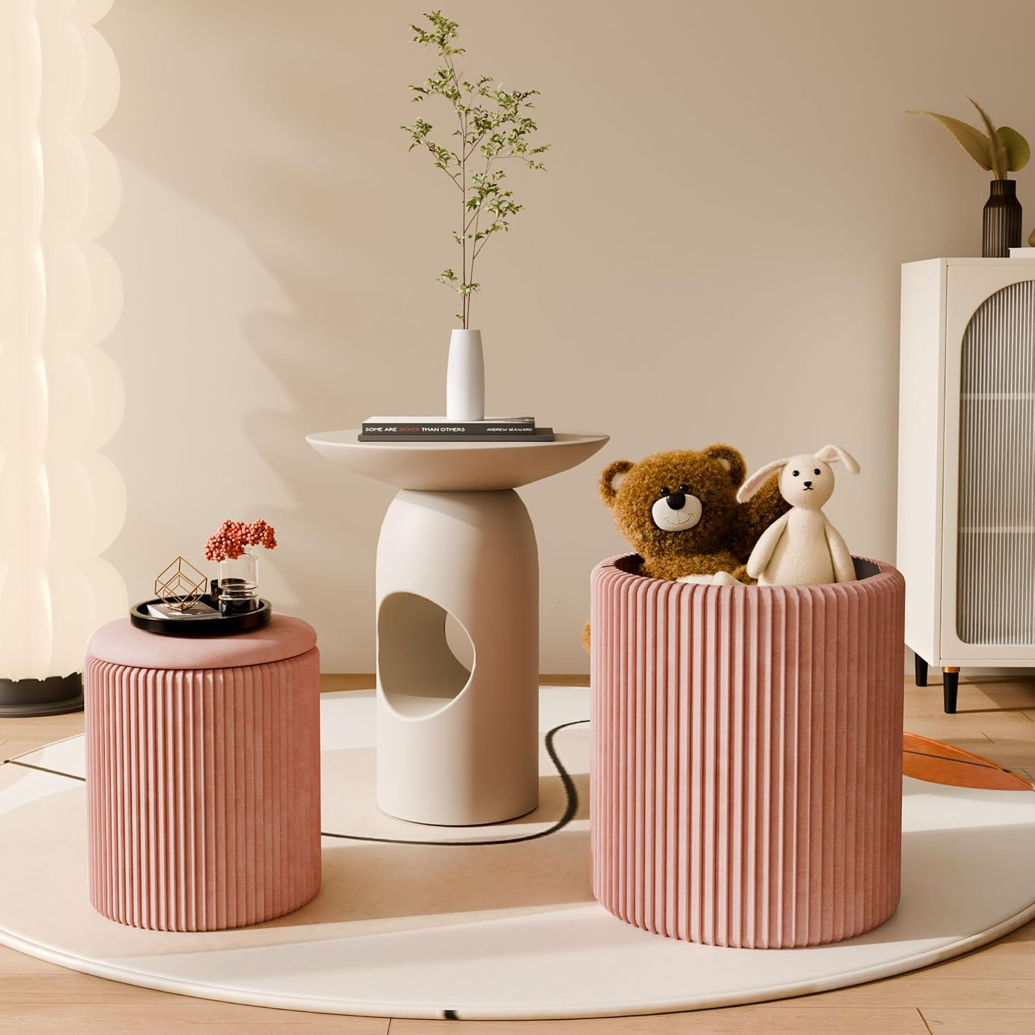 Velvet Round Storage Ottoman Set of 2