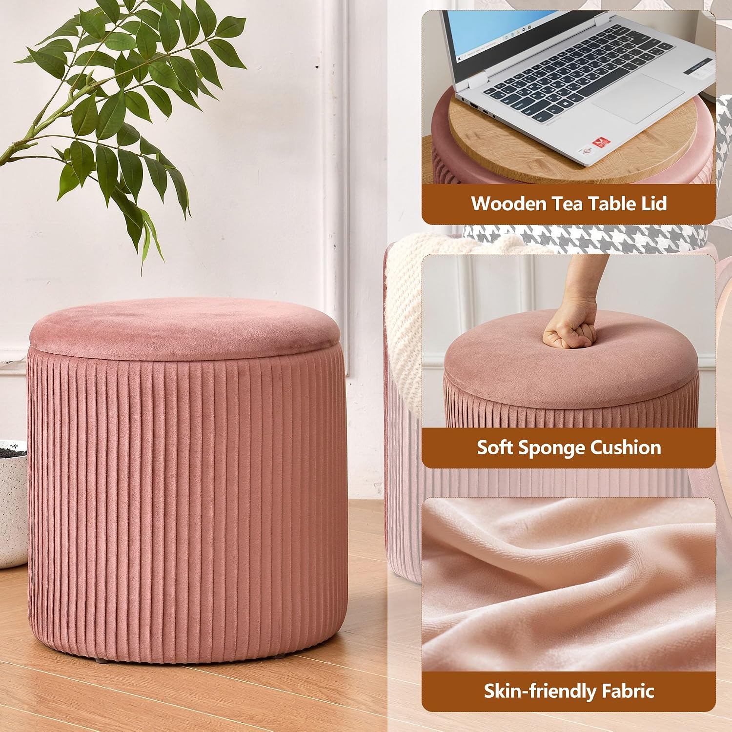 Velvet Round Storage Ottoman Set of 2