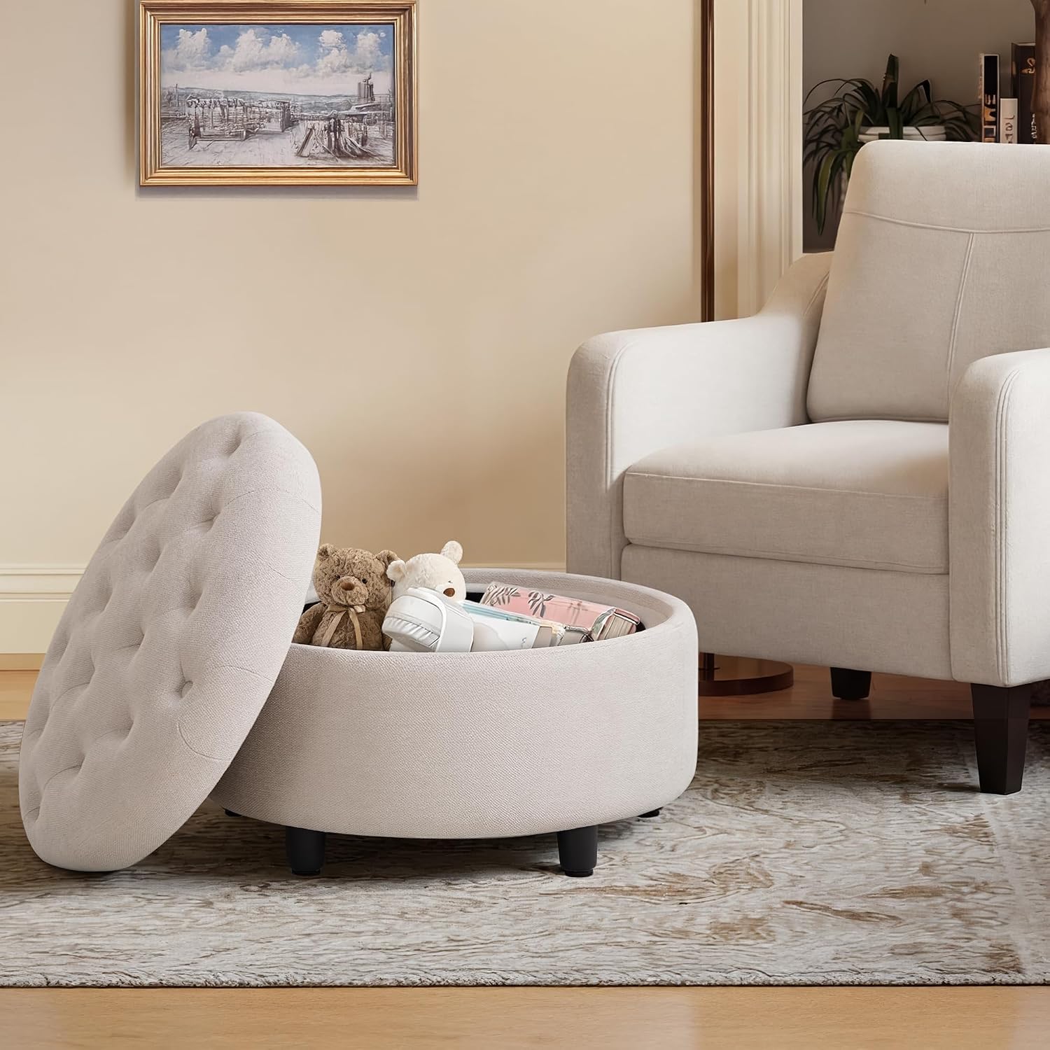 Fabric Round Storage Ottoman