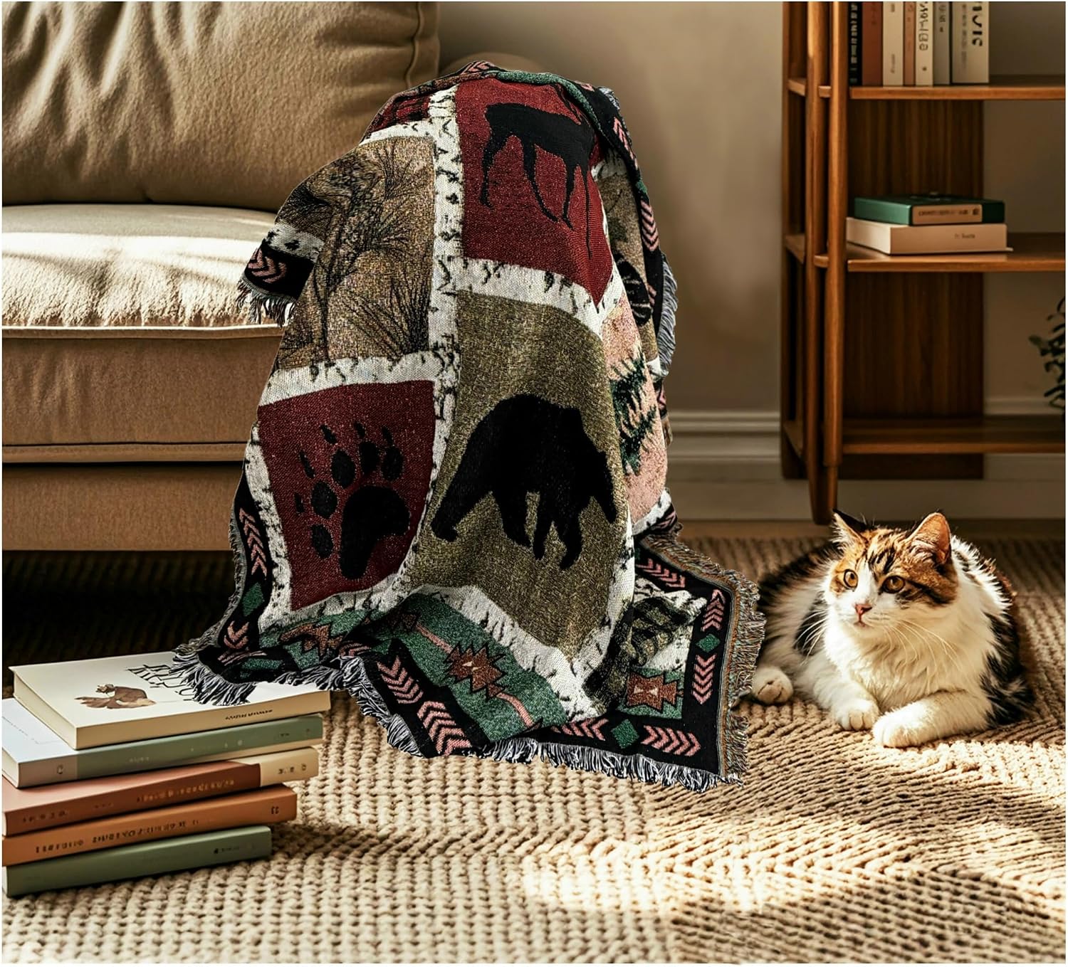 Geometric Moose Bear Woven Tapestry Throw