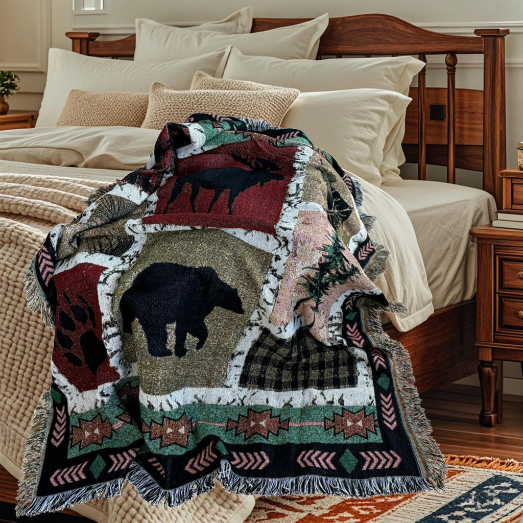 Geometric Moose Bear Woven Tapestry Throw