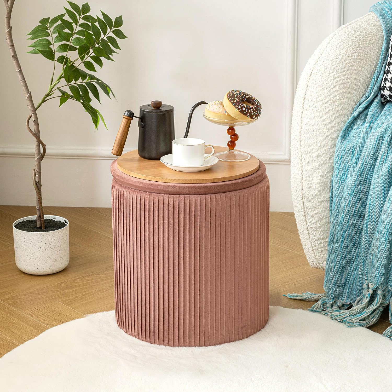 Velvet Round Storage Ottoman Set of 2