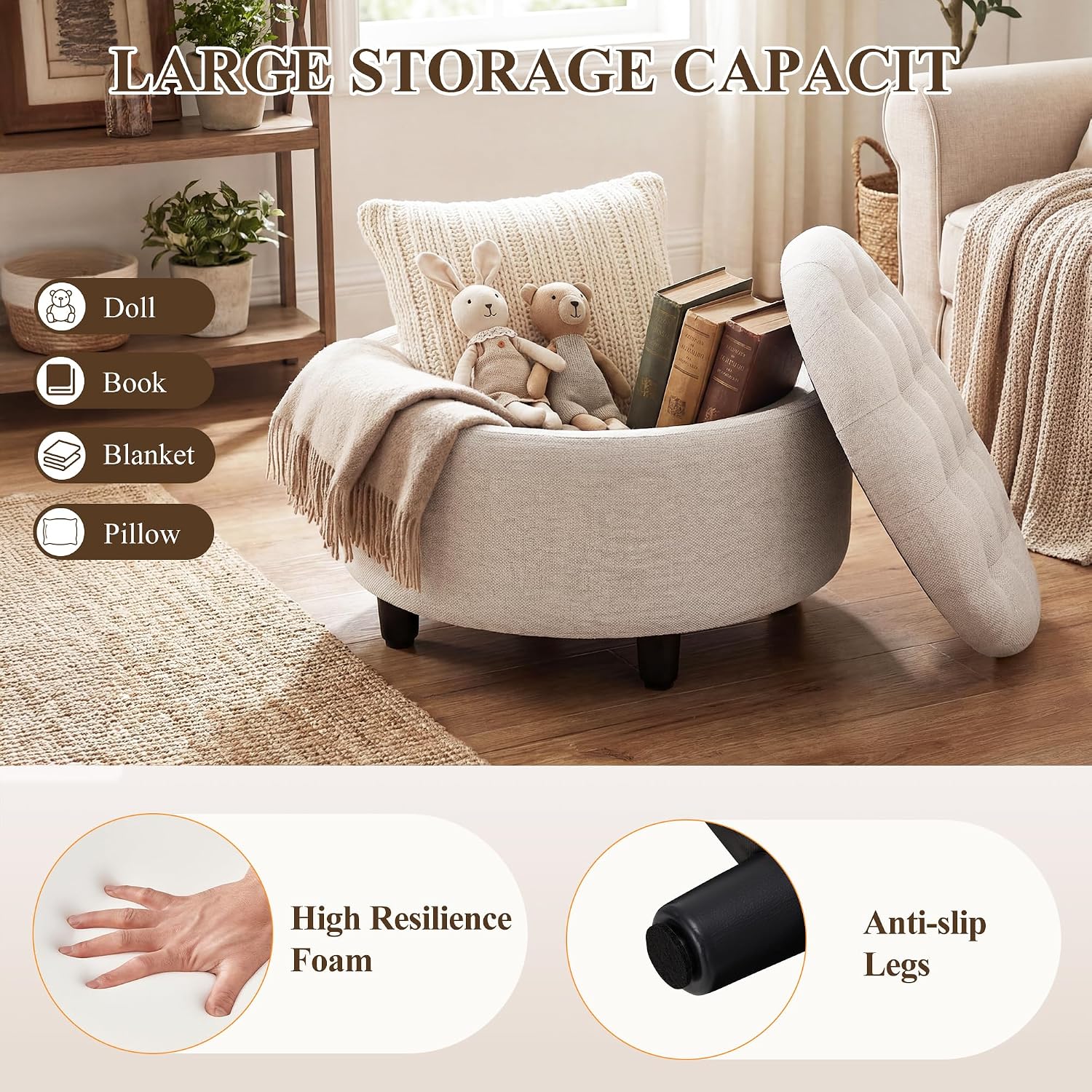 Fabric Round Storage Ottoman