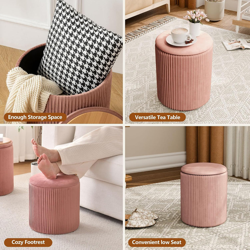 Velvet Round Storage Ottoman Set of 2